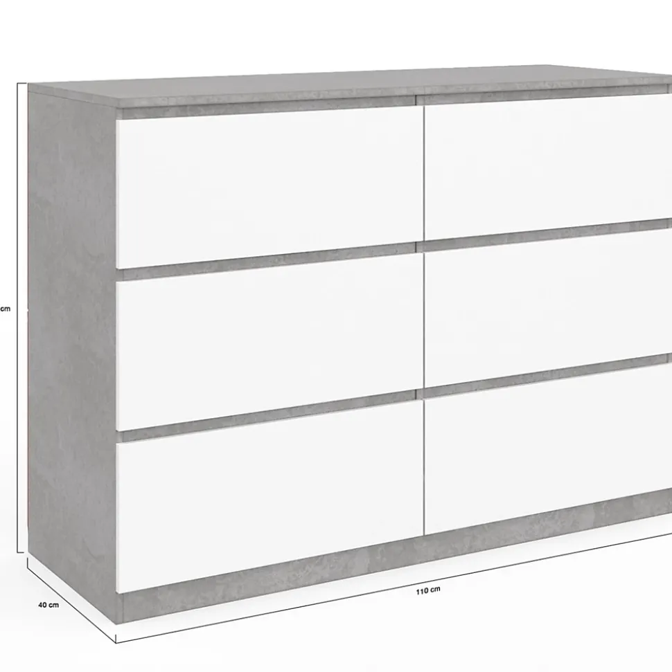Commode 6 tiroirs TOMI 110 cm blanc et effet béton