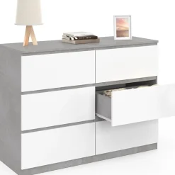 Commode 6 tiroirs TOMI 110 cm blanc et effet béton