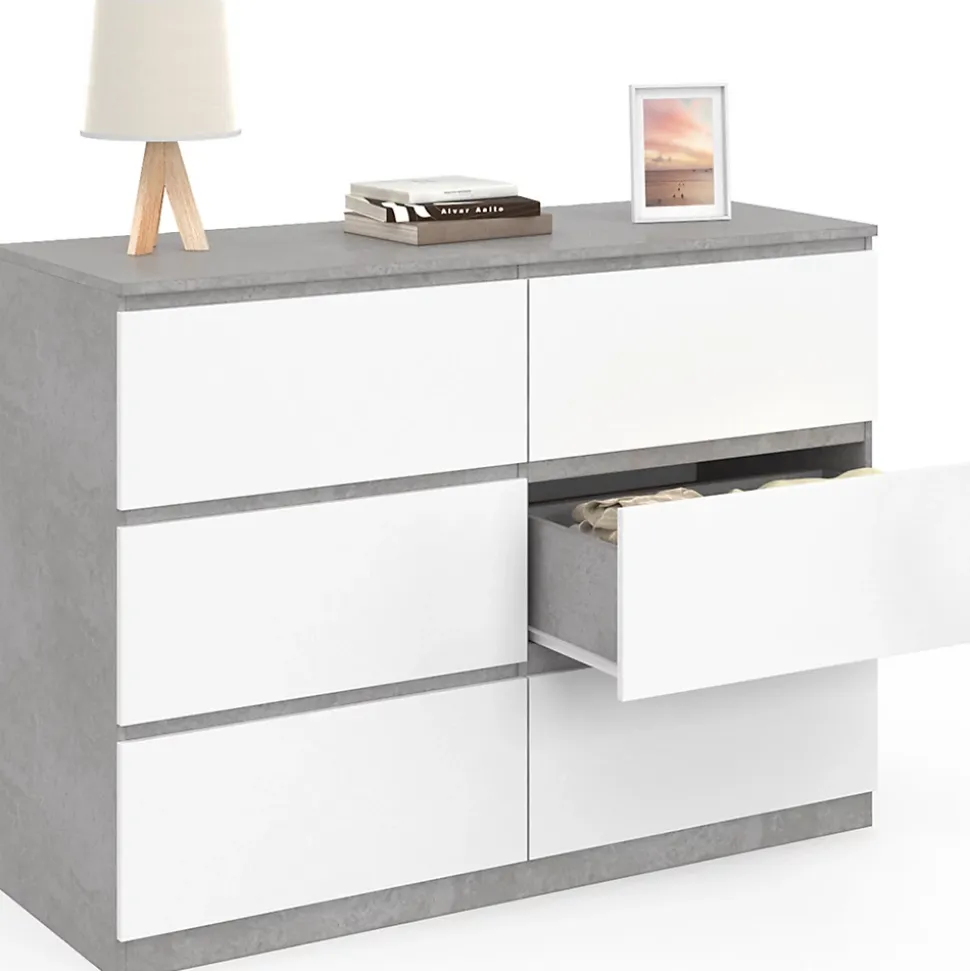 Commode 6 tiroirs TOMI 110 cm blanc et effet béton