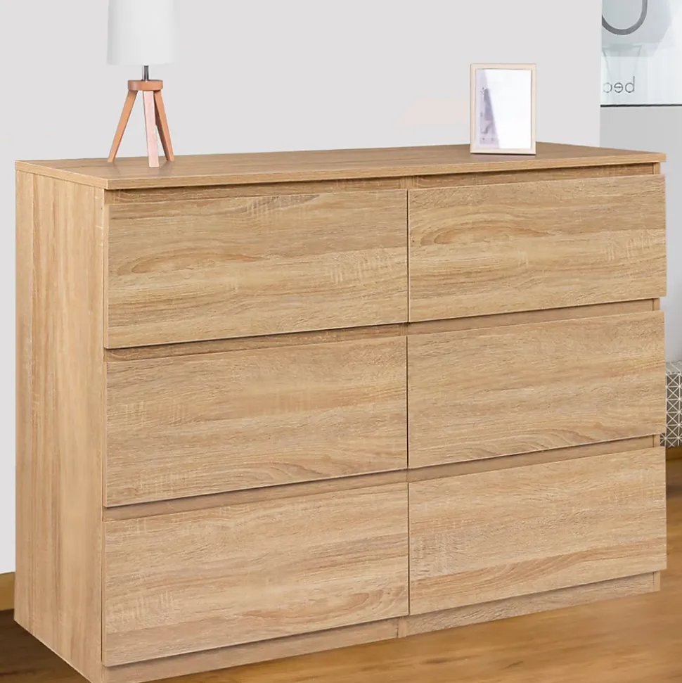 Commode 6 tiroirs TOMI 110 cm bois façon hêtre