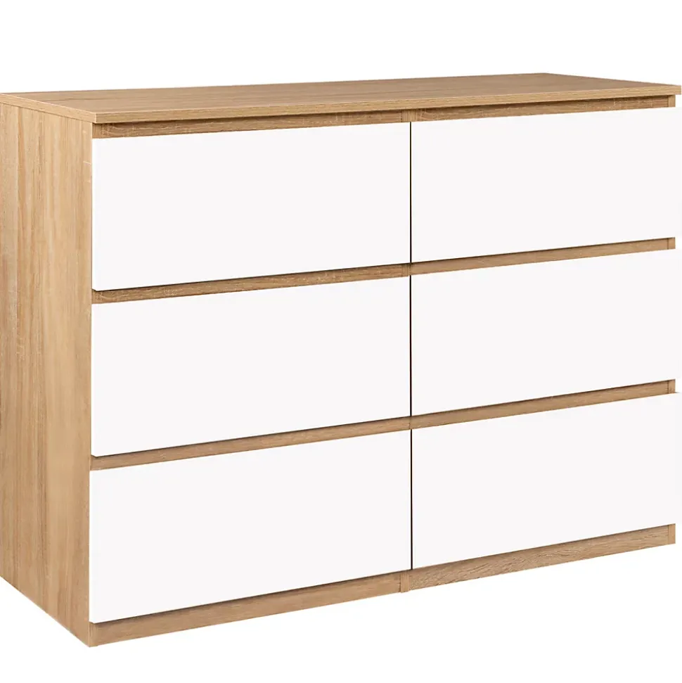Commode 6 tiroirs TOMI 110 cm bois façon hêtre et blanc