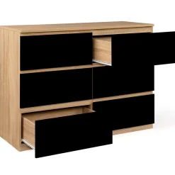 Commode 6 tiroirs TOMI 110 cm bois façon hêtre et noir