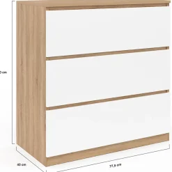 Commode 3 tiroirs TOMI 78 cm façon hêtre et blanc