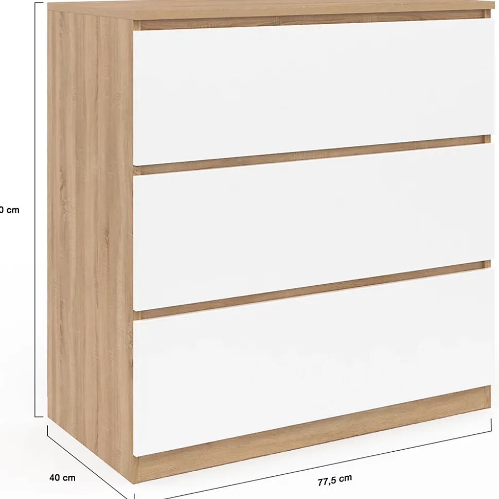 Commode 3 tiroirs TOMI 78 cm façon hêtre et blanc