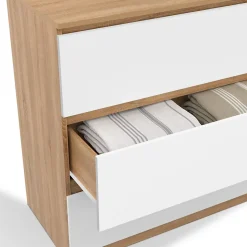 Commode 3 tiroirs TOMI 78 cm façon hêtre et blanc