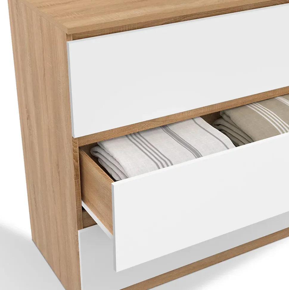 Commode 3 tiroirs TOMI 78 cm façon hêtre et blanc