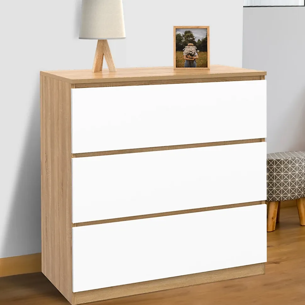 Commode 3 tiroirs TOMI 78 cm façon hêtre et blanc