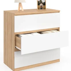 Commode 3 tiroirs TOMI 78 cm façon hêtre et blanc