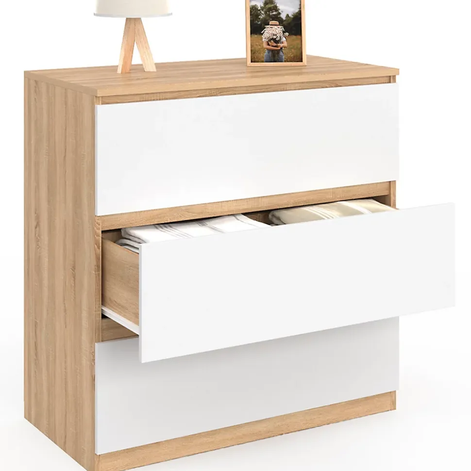 Commode 3 tiroirs TOMI 78 cm façon hêtre et blanc