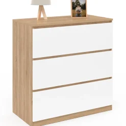 Commode 3 tiroirs TOMI 78 cm façon hêtre et blanc