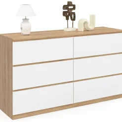 Commode 6 tiroirs TOMI XXL 140 cm bois façon hêtre et blanc