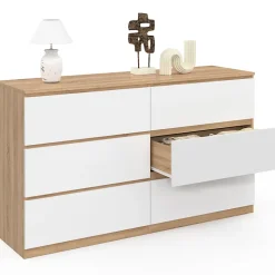 Commode 6 tiroirs TOMI XXL 140 cm bois façon hêtre et blanc