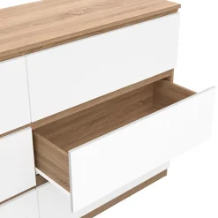 Commode 6 tiroirs TOMI XXL 140 cm bois façon hêtre et blanc