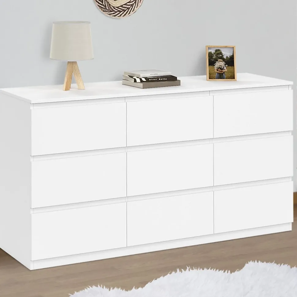 Commode 9 tiroirs TOMI XXL 136 cm bois blanc