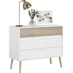 Commode AALBORG PARISOT 3 tiroirs blanc et imitation chêne 90,8x40x77,5 cm