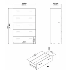 Commode Aikol, Commode polyvalente, Commode de chambre, Meuble avec tiroirs, 74x36 h114 cm, Blanc