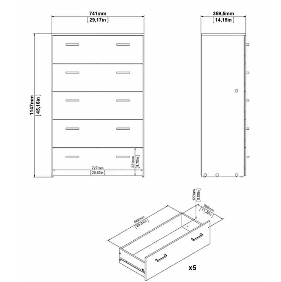 Commode Aikol, Commode polyvalente, Commode de chambre, Meuble avec tiroirs, 74x36 h114 cm, Blanc