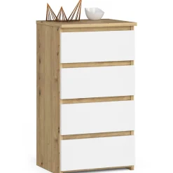 Commode AKORD CL4 Chêne Artisan 40 cm 4 tiroirs façade Blanche 40x35x74 cm