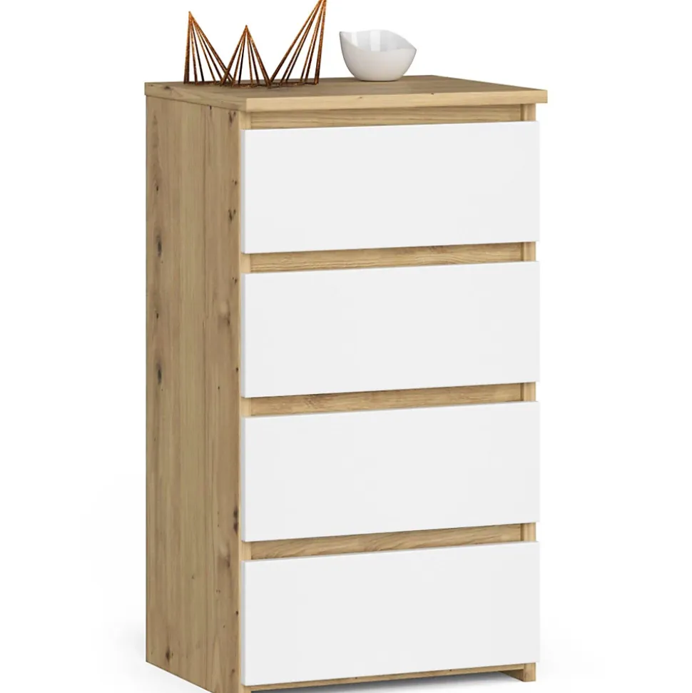 Commode AKORD CL4 Chêne Artisan 40 cm 4 tiroirs façade Blanche 40x35x74 cm