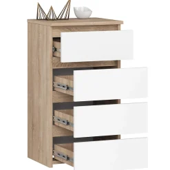 Commode AKORD CL4 Chêne Sonoma 40 cm 4 tiroirs façade Blanche 40x35x74 cm