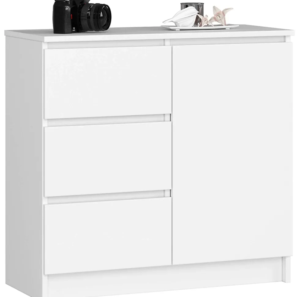 Commode AKORD JERRY Blanche 80 cm 1 porte 3 tiroirs façade Blanche 2 étagères 80x35x77 cm