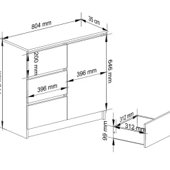 Commode AKORD JERRY Blanche 80 cm 1 porte 3 tiroirs façade Blanche 2 étagères 80x35x77 cm