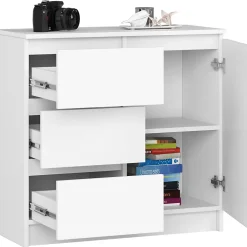 Commode AKORD JERRY Blanche 80 cm 1 porte 3 tiroirs façade Blanche 2 étagères 80x35x77 cm