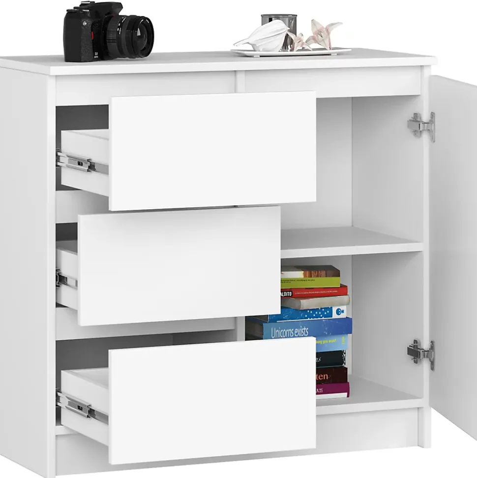 Commode AKORD JERRY Blanche 80 cm 1 porte 3 tiroirs façade Blanche 2 étagères 80x35x77 cm