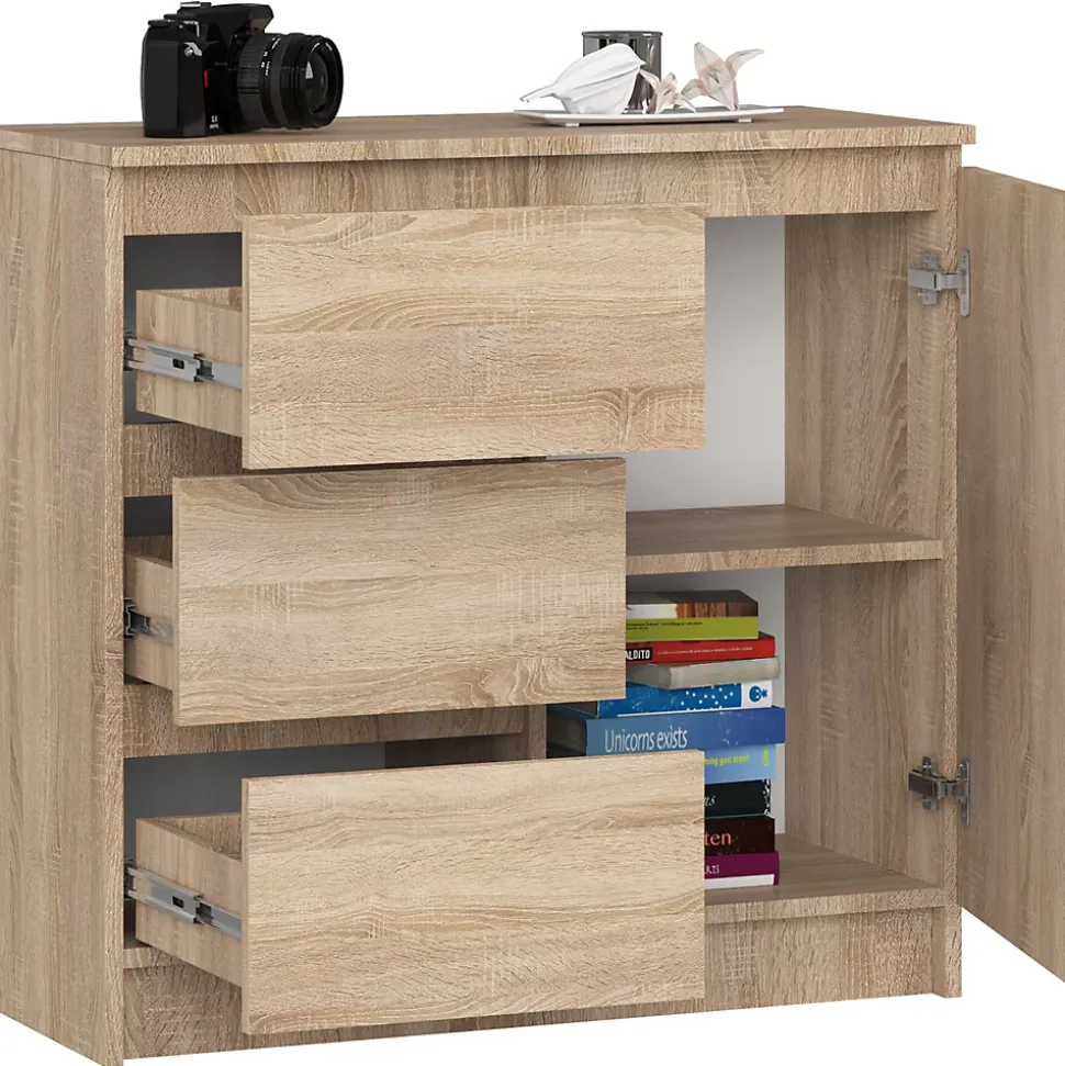 Commode AKORD JERRY Chêne Sonoma 80 cm 1 porte 3 tiroirs façade Chêne Sonoma 2 étagères 80x35x77 cm