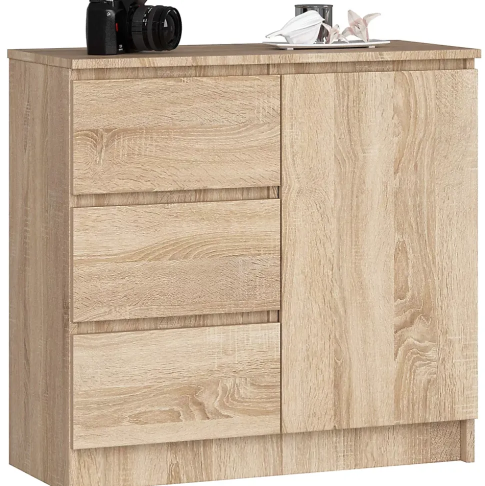 Commode AKORD JERRY Chêne Sonoma 80 cm 1 porte 3 tiroirs façade Chêne Sonoma 2 étagères 80x35x77 cm