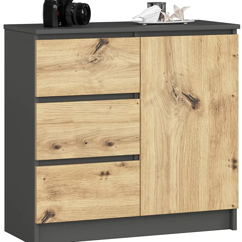 Commode AKORD JERRY Gris Graphite 80 cm 1 porte 3 tiroirs façade Chêne Artisan 2 étagères 80x35x77 cm