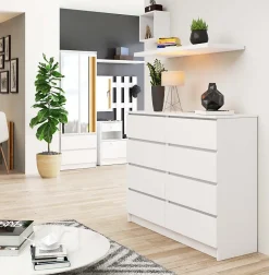 Commode AKORD K120 Blanche 120 cm 8 tiroirs façade Blanche 120x40x99 cm
