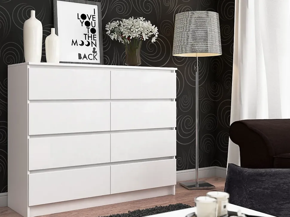 Commode AKORD K120 Blanche 120 cm 8 tiroirs façade Blanche 120x40x99 cm