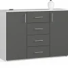 Commode AKORD K45 Blanche 110 cm 2 portes 4 tiroirs façade Gris Graphite 4 étagères 110x35x80 cm