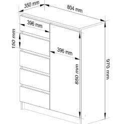 Commode AKORD K80 Blanche 80 cm 1 porte 5 tiroirs 3 étagères 80x35x97 cm