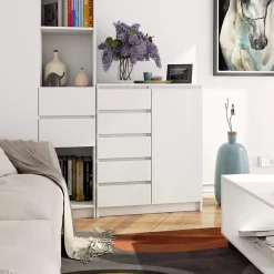 Commode AKORD K80 Blanche 80 cm 1 porte 5 tiroirs 3 étagères 80x35x97 cm