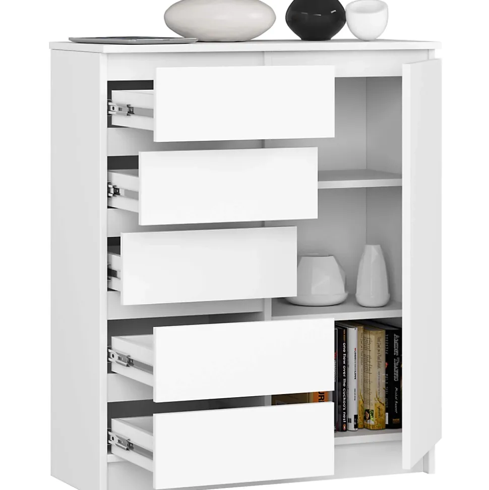 Commode AKORD K80 Blanche 80 cm 1 porte 5 tiroirs 3 étagères 80x35x97 cm