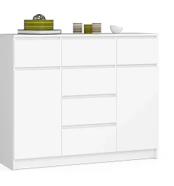 Commode AKORD K017 Blanche 120 cm 2 portes 6 tiroirs façade Blanche 4 étagères 120x40x99 cm