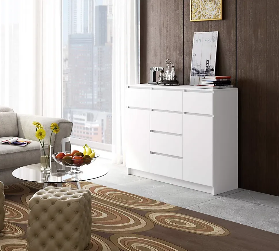 Commode AKORD K017 Blanche 120 cm 2 portes 6 tiroirs façade Blanche 4 étagères 120x40x99 cm