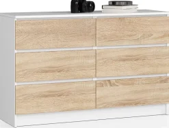 Commode AKORD K120 Blanche 120 cm 6 tiroirs façade Chêne Sonoma 120x40x77 cm