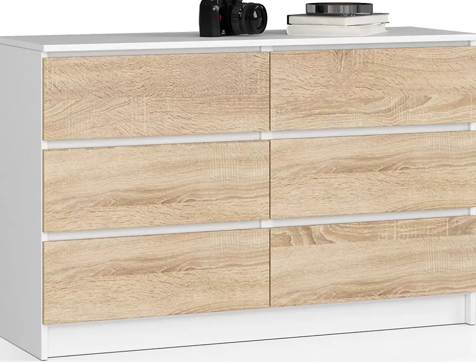 Commode AKORD K120 Blanche 120 cm 6 tiroirs façade Chêne Sonoma 120x40x77 cm