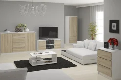 Commode AKORD K120 Blanche 120 cm 6 tiroirs façade Chêne Sonoma 120x40x77 cm