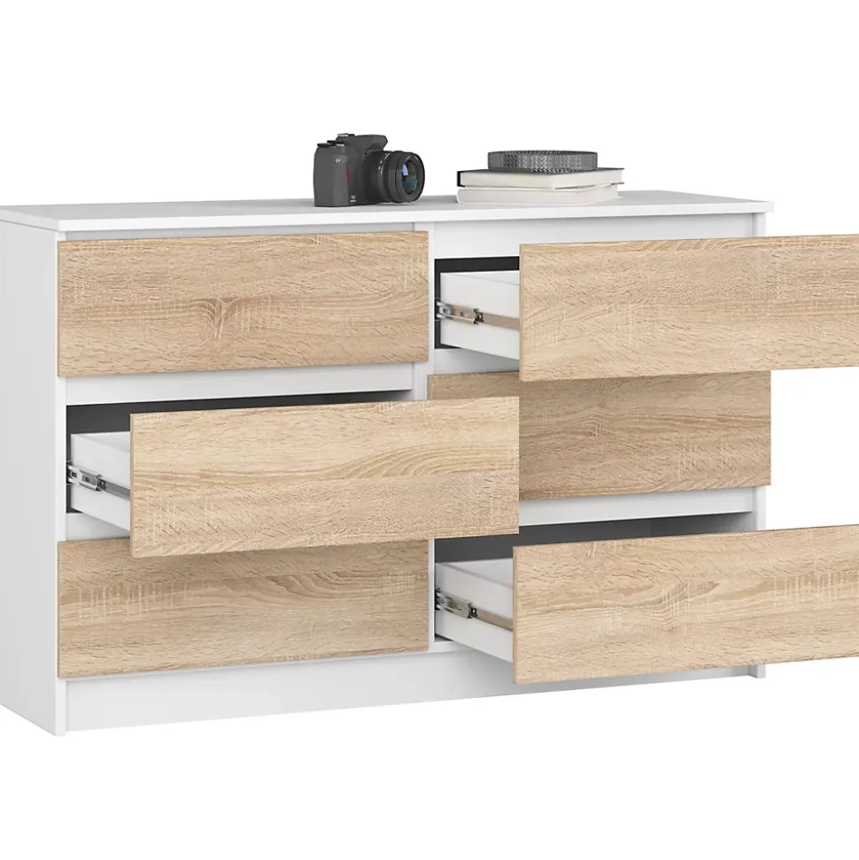 Commode AKORD K120 Blanche 120 cm 6 tiroirs façade Chêne Sonoma 120x40x77 cm