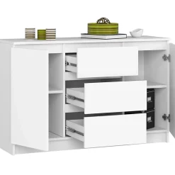 Commode AKORD K016 Blanche 120 cm 2 portes 3 tiroirs façade Blanche 4 étagères 120x40x77 cm