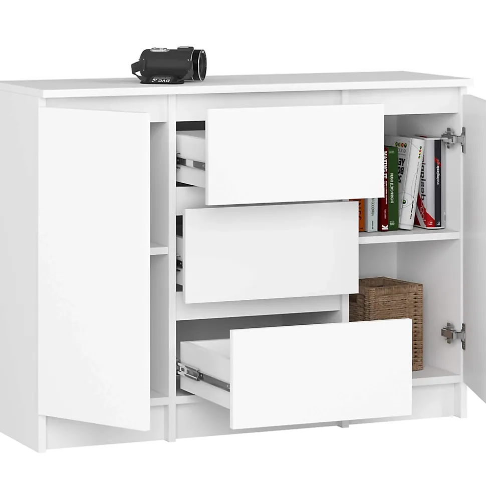 Commode AKORD K100 Blanche 101 cm 2 portes 3 tiroirs façade Blanche 4 étagères 101x35x76 cm