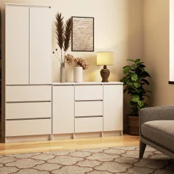 Commode AKORD K100 Blanche 101 cm 2 portes 3 tiroirs façade Blanche 4 étagères 101x35x76 cm