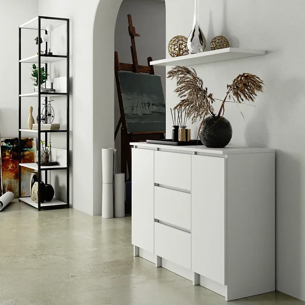 Commode AKORD K100 Blanche 101 cm 2 portes 3 tiroirs façade Blanche 4 étagères 101x35x76 cm