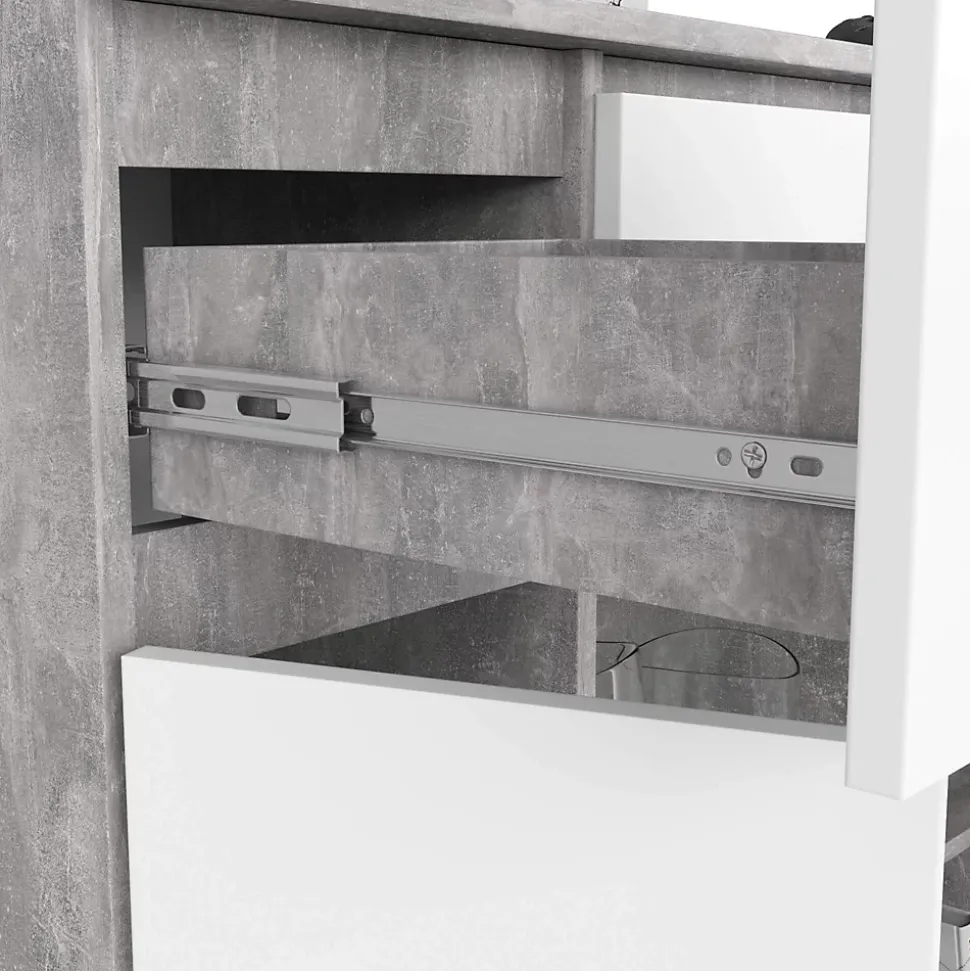 Commode AKORD K100 Béton 101 cm 2 portes 3 tiroirs façade Blanche 6 étagères 101x35x98 cm