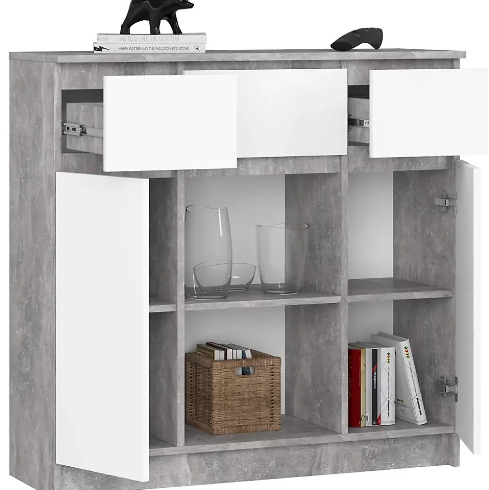Commode AKORD K100 Béton 101 cm 2 portes 3 tiroirs façade Blanche 6 étagères 101x35x98 cm