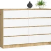 Commode AKORD K140 Chêne Artisan 138 cm 8 tiroirs façade Blanche 138x40x99 cm